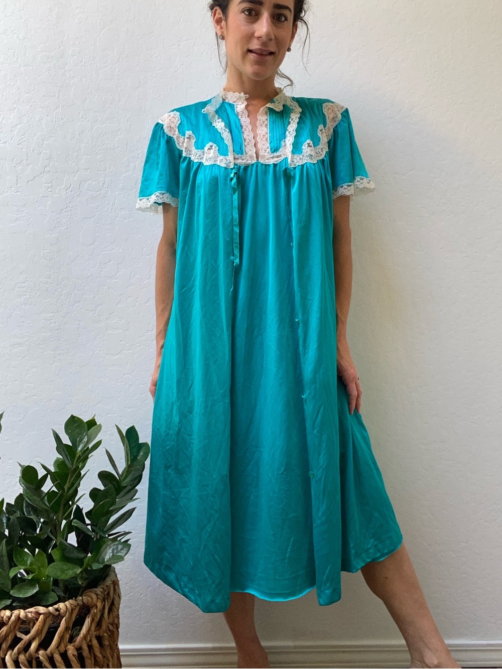 Vintage JC Penney Teal Aqua Nylon Satin Peignoir Set with Cream Lace Trim